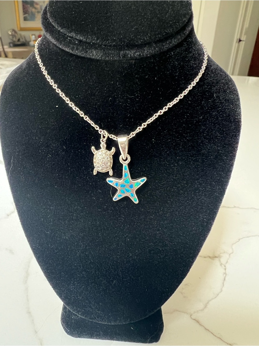 Sterling Silver Blue Opal Starfish & Turtle Pendant Necklace